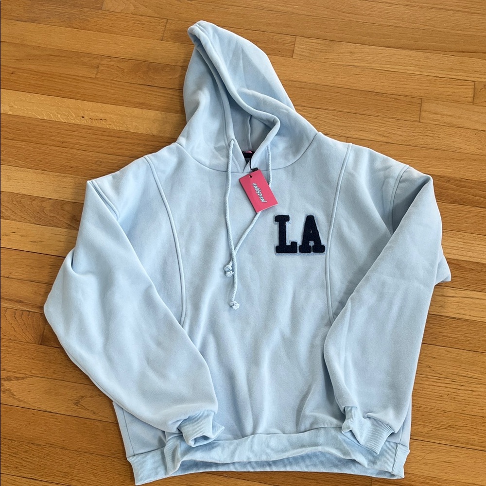 New with tags - EDIKTED Light Blue Hoodie with LA Patch, size small